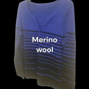 100% Marino Wool  Sweater Front Buttons NWOT long sleeves Blue/Black
